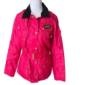 Barbour International Pink Belted Moto Rain Jacket Corduroy Collar Women's 6
